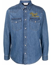 Мужская синяя джинсовая рубашка с вышивкой от Alexander McQueen