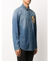 Мужская синяя джинсовая рубашка с вышивкой от Balmain