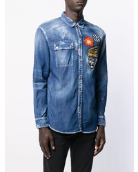 Мужская синяя джинсовая рубашка с вышивкой от DSQUARED2