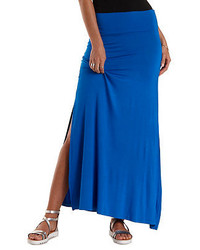 Синяя длинная юбка с разрезом
