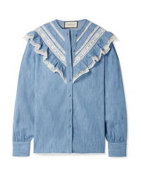 Женская синяя классическая рубашка из шамбре с рюшами от Gucci