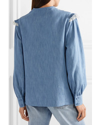 Женская синяя классическая рубашка из шамбре с рюшами от Gucci