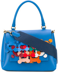 Синяя кожаная большая сумка с вышивкой от Anya Hindmarch