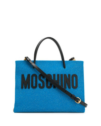 Синяя кожаная большая сумка с принтом от Moschino