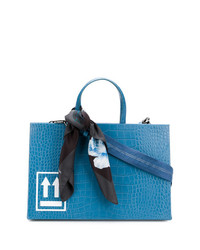 Синяя кожаная большая сумка с принтом от Off-White