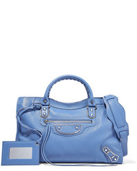 Синяя кожаная большая сумка с рельефным рисунком от Balenciaga