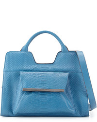 Синяя кожаная сумка-саквояж со змеиным рисунком