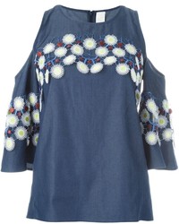 Синяя кружевная блузка с цветочным принтом от Peter Pilotto