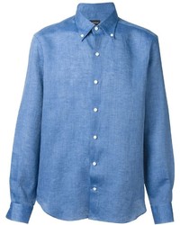 Синяя льняная рубашка с длинным рукавом