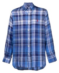 Мужская синяя льняная рубашка с длинным рукавом в шотландскую клетку от Polo Ralph Lauren