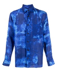 Мужская синяя льняная рубашка с длинным рукавом с принтом тай-дай от Destin