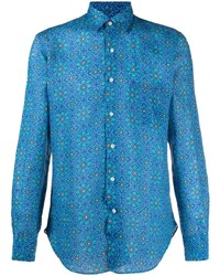 Мужская синяя льняная рубашка с длинным рукавом с принтом от PENINSULA SWIMWEA