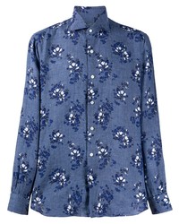 Синяя льняная рубашка с длинным рукавом с цветочным принтом