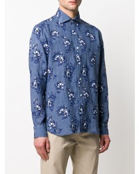 Мужская синяя льняная рубашка с длинным рукавом с цветочным принтом от Barba