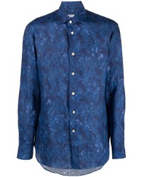 Мужская синяя льняная рубашка с длинным рукавом с цветочным принтом от Kiton