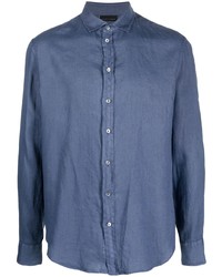 Мужская синяя льняная рубашка с длинным рукавом от Emporio Armani