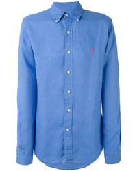 Мужская синяя льняная рубашка с длинным рукавом от Ralph Lauren