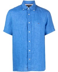 Синяя льняная рубашка с коротким рукавом с вышивкой