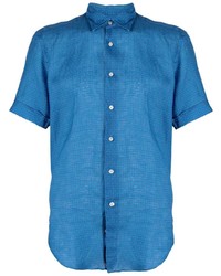 Синяя льняная рубашка с коротким рукавом с геометрическим рисунком