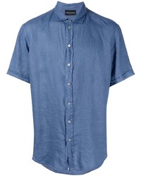 Мужская синяя льняная рубашка с коротким рукавом от Emporio Armani