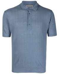 Синяя льняная футболка-поло с узором зигзаг