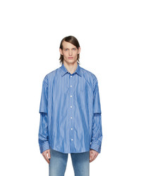 Мужская синяя рубашка с длинным рукавом в вертикальную полоску от Balenciaga