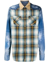 Мужская синяя рубашка с длинным рукавом в стиле пэчворк от DSQUARED2