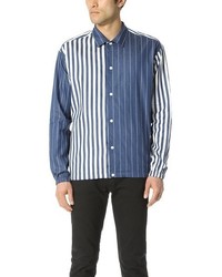 Синяя рубашка с длинным рукавом из шамбре в вертикальную полоску