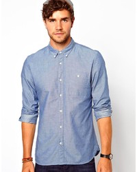 Синяя рубашка с длинным рукавом из шамбре в горошек