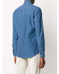 Мужская синяя рубашка с длинным рукавом из шамбре в горошек от Fay