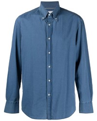 Мужская синяя рубашка с длинным рукавом из шамбре от Brunello Cucinelli