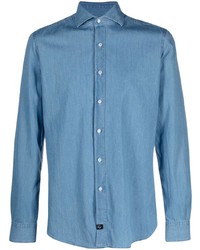 Мужская синяя рубашка с длинным рукавом из шамбре от Fay
