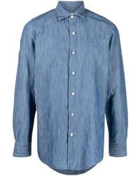 Мужская синяя рубашка с длинным рукавом из шамбре от Finamore 1925 Napoli