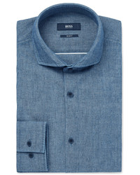 Мужская синяя рубашка с длинным рукавом из шамбре от Hugo Boss