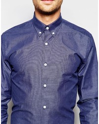 Мужская синяя рубашка с длинным рукавом из шамбре