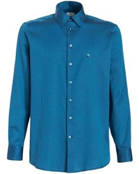 Мужская синяя рубашка с длинным рукавом с вышивкой от Etro