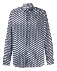 Мужская синяя рубашка с длинным рукавом с геометрическим рисунком от Prada