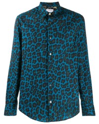 Мужская синяя рубашка с длинным рукавом с леопардовым принтом от Paul Smith