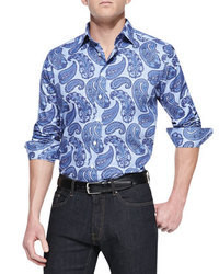 Синяя рубашка с длинным рукавом с "огурцами"