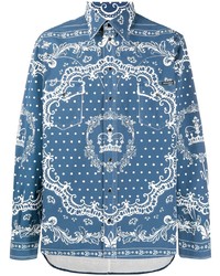 Мужская синяя рубашка с длинным рукавом с принтом от Dolce & Gabbana