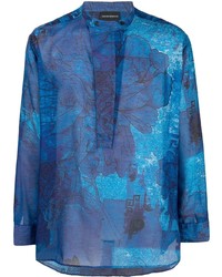 Мужская синяя рубашка с длинным рукавом с цветочным принтом от Emporio Armani