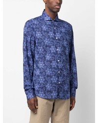 Мужская синяя рубашка с длинным рукавом с цветочным принтом от Fedeli