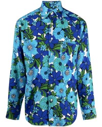 Мужская синяя рубашка с длинным рукавом с цветочным принтом от Tom Ford