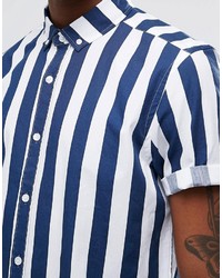 Мужская синяя рубашка с коротким рукавом в вертикальную полоску от Asos