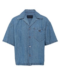Мужская синяя рубашка с коротким рукавом из шамбре от Prada