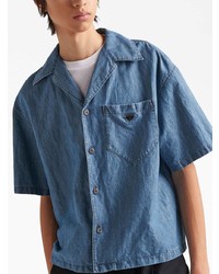 Мужская синяя рубашка с коротким рукавом из шамбре от Prada