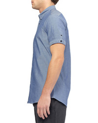 Мужская синяя рубашка с коротким рукавом из шамбре от Alexander McQueen