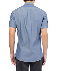 Мужская синяя рубашка с коротким рукавом из шамбре от Alexander McQueen