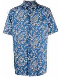 Мужская синяя рубашка с коротким рукавом с "огурцами" от Etro