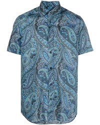 Мужская синяя рубашка с коротким рукавом с "огурцами" от Etro